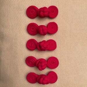 1980s 5 pairs of frog closures made from fuchsia pink cording, 3” long